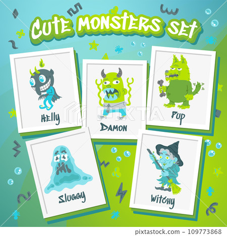 Monster Cartoon Character set. Hand-drawn vector illustration with BeasT, Wolf, Devil, Witch. Mystery, All Saints Day concept for Halloween party, posters, portraits. Caricature of Scary Creatures Monster Cartoon Character set. Hand-drawn vector illustration with BeasT, Wolf, Devil, Witch. Mystery, All Saints Day concept for Halloween party, posters, portraits. Caricature of Scary Creatures 109773868