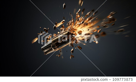 Bullet in slow motion, leaving a trail of fire, smoke and debris behind it. Exploding projectile. A rifle round in mid-flight. On dark background. Flying bullet Close up. Dramatic and dynamic. 109773873