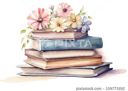 watercolor stack of books with flowers in pastel colors isolated on white background. Perfect for cozy corners, bookshops, libraries, reading-themed decor, card, greeting, invitation, scrapbooking. 109773892
