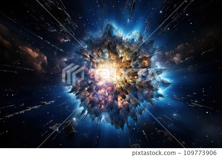 Big cosmic explosion in space in Universe with a bright center and swirling blue orange clouds and stars. Moment of Big Bang. Creation of Universe and Great Release of Cosmic Energy. Space background Big cosmic explosion in space in Universe with a bright center and swirling blue orange clouds and stars. Moment of Big Bang. Creation of Universe and Great Release of Cosmic Energy. Space background 109773906
