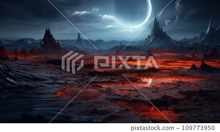 Fantastic alien landscape of another planet with mountains, lava and lakes with red fiery water, with a fantastic sky with a huge moon. Other worlds and fantasy concept. Fantastic alien landscape of another planet with mountains, lava and lakes with red fiery water, with a fantastic sky with a huge moon. Other worlds and fantasy concept. 109773950