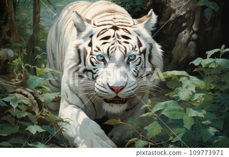 White Bengal tiger in oil painting style. Tiger walking among the jungle. Beautiful background, decorative wall decoration, postcard, poster, banner design. 109773971
