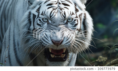 White bengal tiger. Free wild tiger in natural habitat in jungle. Proud look. Strength power of wild beast. Predator. Noble proud animal. Symbol of freedom. Beautiful background for design. Close up. White bengal tiger. Free wild tiger in natural habitat in jungle. Proud look. Strength power of wild beast. Predator. Noble proud animal. Symbol of freedom. Beautiful background for design. Close up. 109773979