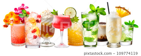Set and collection of classic alcohol cocktails or mocktail isolated on white background with fresh summer fruits 109774119