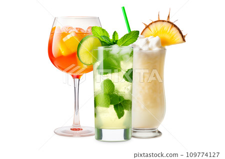 Set and collection of classic alcohol cocktails or mocktail isolated on white background with fresh summer fruits 109774127