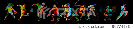 Collage. Motivated young people, athletes of different sports in motion, practicing over black background in neon light 109774158