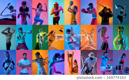 Collage. Athletic young people training, practicing different kind of sports over multicolored background in neon light Collage. Athletic young people training, practicing different kind of sports over multicolored background in neon light 109774163