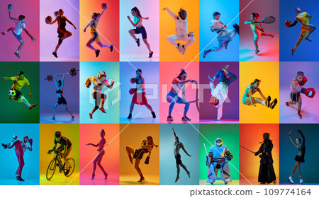 Collage of different young athletic people training, doing diversity kind of sports over multicolored background in neon light Collage of different young athletic people training, doing diversity kind of sports over multicolored background in neon light 109774164