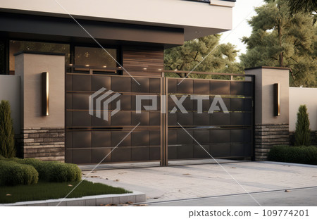 AI-generated content. A gray private house of two floors hidden behind a fence with automatic sliding brown gates and an area near the house against a blue sky 109774201