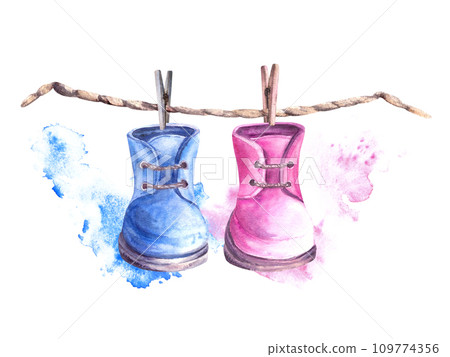 Baby pink, blue booties, shoes with clothesline, clothes pegs and watercolor stains background. Painted illustration for baby shower, birthday, newborn, gender reveal party Isolated white background 109774356