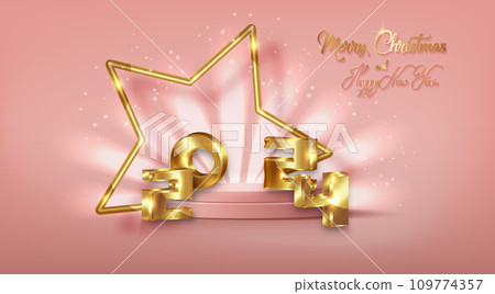 2024 golden 3D numbers Merry Christmas and Happy New Year banner with gold star frame in 3d platform studio display. Fashion Pedestal floor. Luxury Stage showcase podium, vector pink background  109774357