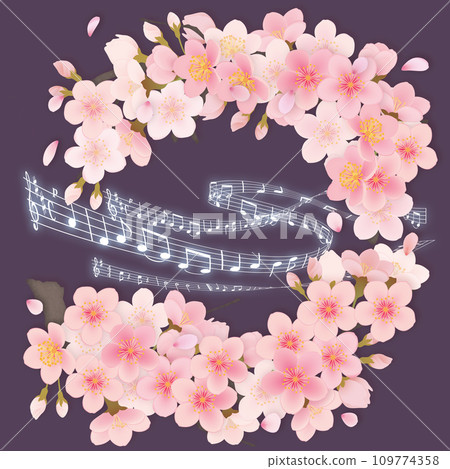 Background illustration of cherry blossoms drawn on musical notes 109774358