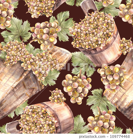 Watercolor seamless pattern. Bunch of green yellow grapes, leaves with basket and bucket of harvest. Grapevine hand painted. Wrapping paper, labels. Botanical illustration isolated on dark background Watercolor seamless pattern. Bunch of green yellow grapes, leaves with basket and bucket of harvest. Grapevine hand painted. Wrapping paper, labels. Botanical illustration isolated on dark background 109774468