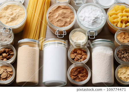 Stocked kitchen pantry with food. The organization and storage in a kitchen in containers. Generative AI 109774471