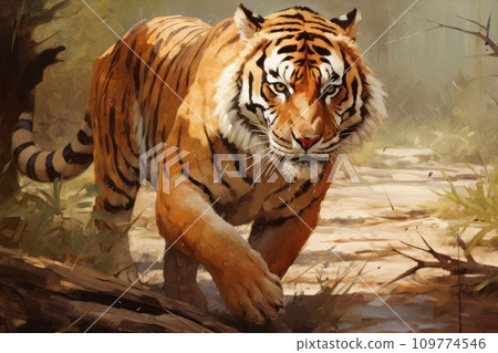 Bengal tiger in oil painting style. Tiger walking among the forest. Beautiful background, decorative wall decoration, postcard, poster, banner design. Bengal tiger in oil painting style. Tiger walking among the forest. Beautiful background, decorative wall decoration, postcard, poster, banner design. 109774546