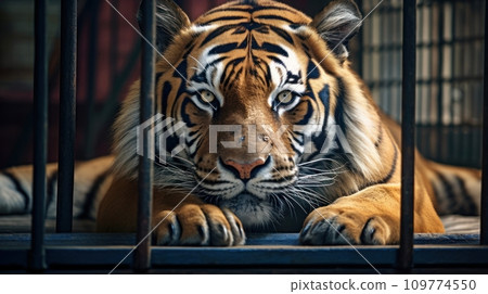 Tiger locked in cage. Lonely tiger in cramped jail behind bars with sad look. Concept of keeping animals in captivity where they suffer. Prisoner. Waiting for liberation. Animal abuse. Tiger locked in cage. Lonely tiger in cramped jail behind bars with sad look. Concept of keeping animals in captivity where they suffer. Prisoner. Waiting for liberation. Animal abuse. 109774550