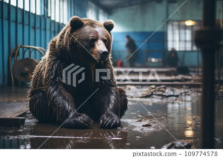 A dirty, sick, lonely bear with a sad look in a cage in poor living conditions. The concept of keeping animals in captivity where they suffer. Prisoner. Animal abuse. A dirty, sick, lonely bear with a sad look in a cage in poor living conditions. The concept of keeping animals in captivity where they suffer. Prisoner. Animal abuse. 109774578