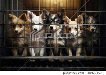 Dogs locked in cage. Unhappy puppies in cramped jail behind bars with sad look. Concept of keeping animals in captivity where they suffer. Prisoner. Waiting for liberation. Animal abuse. Dogs locked in cage. Unhappy puppies in cramped jail behind bars with sad look. Concept of keeping animals in captivity where they suffer. Prisoner. Waiting for liberation. Animal abuse. 109774579