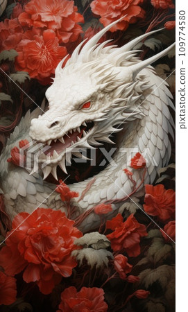 A figurine of White Dragon against a background of red flowers. Symbol of Chinese New Year. Symbol of good luck according to Chinese Feng Shui. Japanese dragon. Vertical. A figurine of White Dragon against a background of red flowers. Symbol of Chinese New Year. Symbol of good luck according to Chinese Feng Shui. Japanese dragon. Vertical. 109774580
