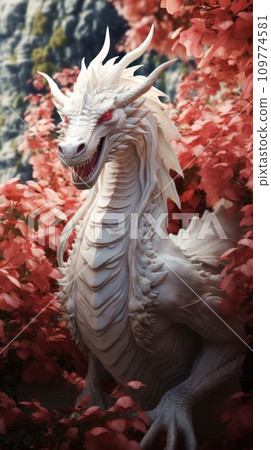 A figurine of a White Dragon against background of red flowers. Symbol of Chinese New Year. Symbol of good luck according to Chinese Feng Shui. Japanese dragon. Vertical. A figurine of a White Dragon against background of red flowers. Symbol of Chinese New Year. Symbol of good luck according to Chinese Feng Shui. Japanese dragon. Vertical. 109774581