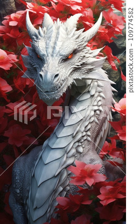 A figurine of a White Dragon against a background of red flowers. Symbol of Chinese New Year. Symbol of good luck according to Chinese Feng Shui. Japanese dragon. Vertical. 109774582