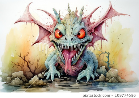 Zombie dragon in watercolor style, cartoon. Angry dragon with an open mouth and sharp teeth in multi-colored splashes and stains of paint. Chinese New Year symbol. Asian culture celebrations. 109774586