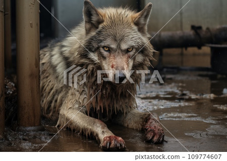 Wild wolf in captivity. Dirty, sick, skinny wolf in poor conditions in zoos, circuses, live in deplorable conditions. Animal abuse. 109774607