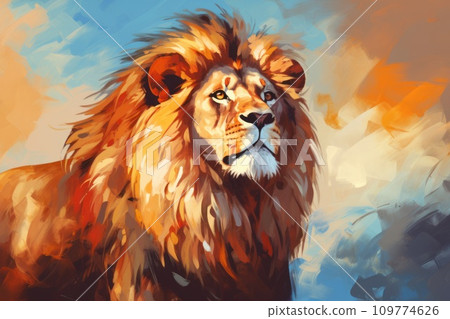 Portrait of a lion, oil painting. Free wild lion in natural habitat. In style of impressionism. With copy space. Beautiful background for design. Noble proud animal. Symbol of strength and freedom 109774626