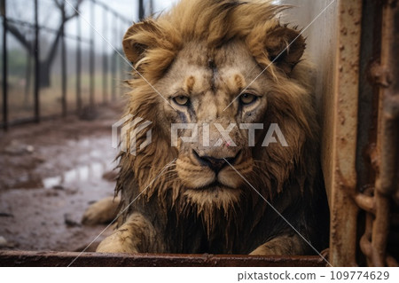 Lion locked in cage. Skinny Sick dirty lonely lion in cramped jail behind bars with sad look. Concept of keeping animals in captivity where they suffer. Prisoner. Waiting for liberation. Animal abuse. 109774629