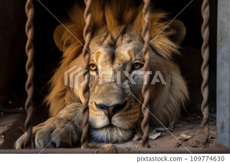Lion locked in cage. Emaciated, skinny lonely lion in cramped jail behind bars with sad look. Concept of keeping animals in captivity where they suffer. Prisoner. Waiting for liberation. Animal abuse. Lion locked in cage. Emaciated, skinny lonely lion in cramped jail behind bars with sad look. Concept of keeping animals in captivity where they suffer. Prisoner. Waiting for liberation. Animal abuse. 109774630