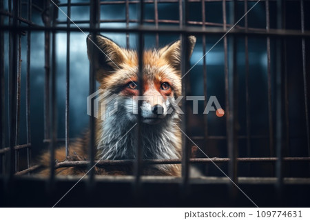 Fox locked in cage. Emaciated, skinny lonely fox in cramped jail behind bars with sad look. The concept of keeping animals in captivity where they suffer. Prisoner. Waiting for liberation Fox locked in cage. Emaciated, skinny lonely fox in cramped jail behind bars with sad look. The concept of keeping animals in captivity where they suffer. Prisoner. Waiting for liberation 109774631