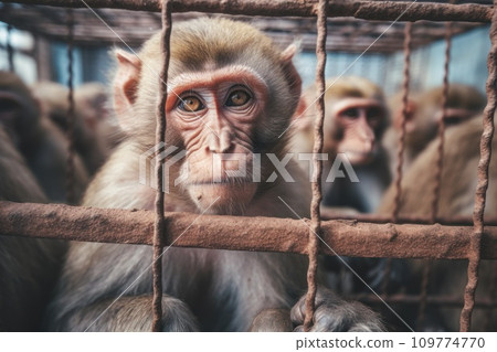 Monkeys locked in cage. Emaciated, skinny chimpanzee in cramped cage behind bars in a zoo or circus with a sad look. The concept of keeping animals in captivity where they suffer. Waiting for release. Monkeys locked in cage. Emaciated, skinny chimpanzee in cramped cage behind bars in a zoo or circus with a sad look. The concept of keeping animals in captivity where they suffer. Waiting for release. 109774770