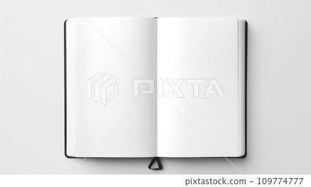 Mockup. A clean open notebook with blank sheets on a clean white background. Top view. Flat lay. With copy space. Organizer for notes. Close up. Template for design.. 109774777