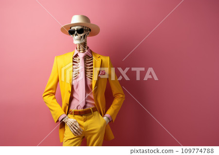 Stylish human skeleton model posing in trendy clothes, glasses and hat. Fashionable skeleton dressed in yellow attire against a pink gradient background, with copy space 109774788