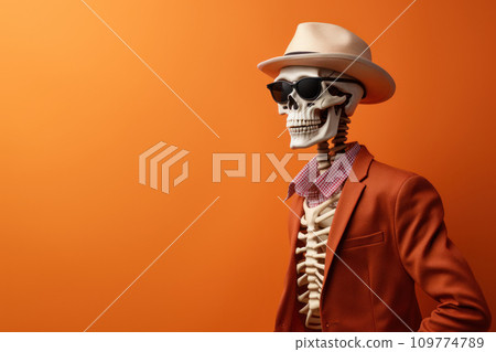 Stylish human skeleton model posing in trendy clothes, glasses and hat. Fashionable skeleton dressed in orange red attire against orange gradient background, with copy space. Close-up Stylish human skeleton model posing in trendy clothes, glasses and hat. Fashionable skeleton dressed in orange red attire against orange gradient background, with copy space. Close-up 109774789