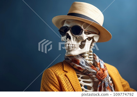 Stylish human skeleton model posing in trendy clothes, glasses and hat. Fashionable skeleton dressed in yellow golden attire against a dark gradient background. Close up Stylish human skeleton model posing in trendy clothes, glasses and hat. Fashionable skeleton dressed in yellow golden attire against a dark gradient background. Close up 109774792