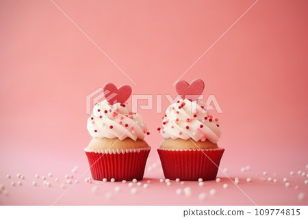 AI-generated content. Valentines Day two cupcakes decorated whipped cream, sprinkles and red hearts isolated on pink background. Greeting card. AI-generated content. Valentines Day two cupcakes decorated whipped cream, sprinkles and red hearts isolated on pink background. Greeting card. 109774815