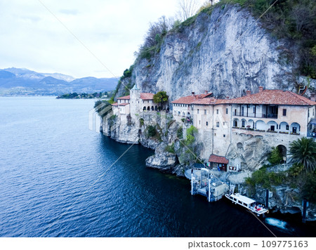 Drone view at the monastery of Santa Caterina del Sasso on lake Maggiore Italy Drone view at the monastery of Santa Caterina del Sasso on lake Maggiore Italy 109775163