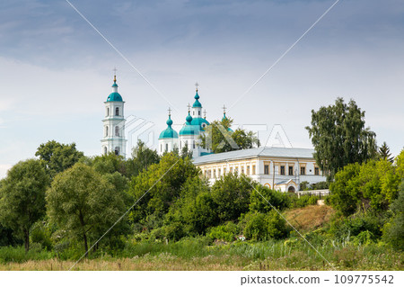 View of the Spassky Cathedral and the city of Yelabuga from the bell tower of the Spassky Cathedral on a sunny spring day. Yelabuga, Tatarstan, Russia View of the Spassky Cathedral and the city of Yelabuga from the bell tower of the Spassky Cathedral on a sunny spring day. Yelabuga, Tatarstan, Russia 109775542