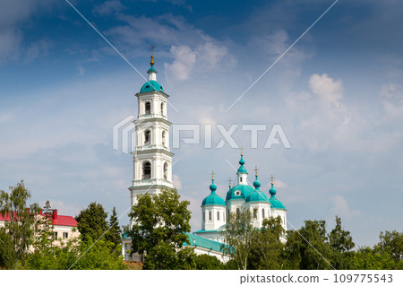 View of the Spassky Cathedral and the city of Yelabuga from the bell tower of the Spassky Cathedral on a sunny spring day. Yelabuga, Tatarstan, Russia View of the Spassky Cathedral and the city of Yelabuga from the bell tower of the Spassky Cathedral on a sunny spring day. Yelabuga, Tatarstan, Russia 109775543