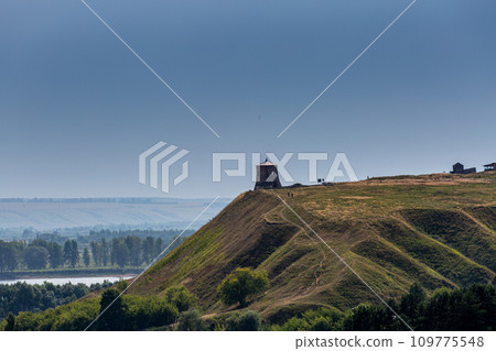 The tower of an ancient Bulgarian fortress on a high cliff on the banks of the Kama River, Elabuga, Tatarstan, Russian Federation The tower of an ancient Bulgarian fortress on a high cliff on the banks of the Kama River, Elabuga, Tatarstan, Russian Federation 109775548