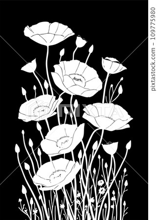 white graphic linear drawing of a branch of flowers on a black background, design white graphic linear drawing of a branch of flowers on a black background, design 109775980