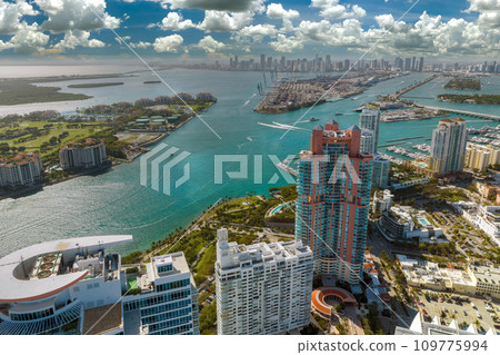 Florida vacation destination. South Beach architecture. Miami Beach city with high luxury hotels and condos. Tourist infrastructure in southern Florida, USA 109775994