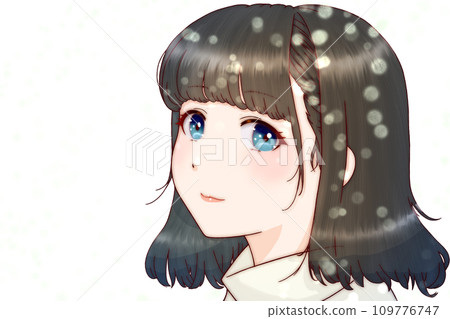 Girl smiling in the falling snow, hair = black, no background 109776747