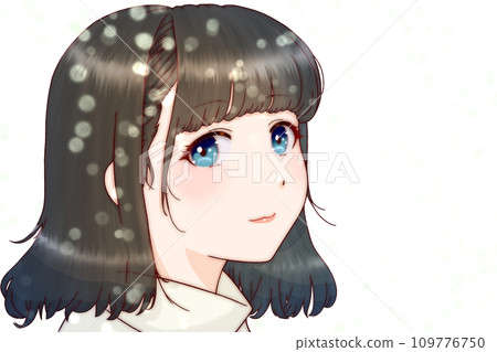 Girl smiling in the falling snow, hair = black, no background, horizontally flipped version 109776750