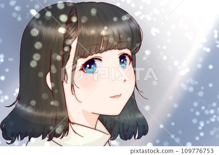 Girl smiling in the snow, hair = black, left/right reversed version Girl smiling in the snow, hair = black, left/right reversed version 109776753
