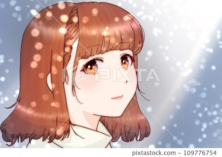 飄落的雪花中微笑的女孩，頭髮=棕色，水平翻轉版 109776754