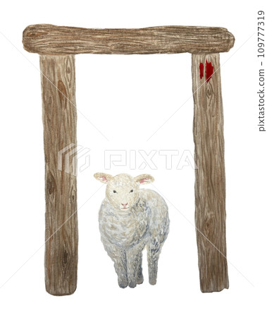 Watercolor lamb, doorjamb, blood religious illustration for Holy Thursday isolated on white Watercolor lamb, doorjamb, blood religious illustration for Holy Thursday isolated on white 109777319