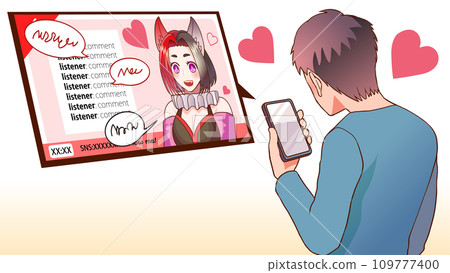 Illustration of a listener watching a VTuber's live broadcast 109777400