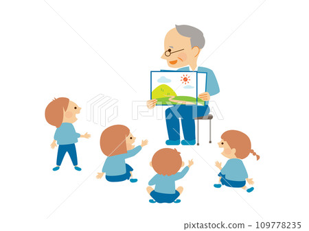 Kamishibai - Seniors and kindergarten children reading aloud - Illustration material Kamishibai - Seniors and kindergarten children reading aloud - Illustration material 109778235